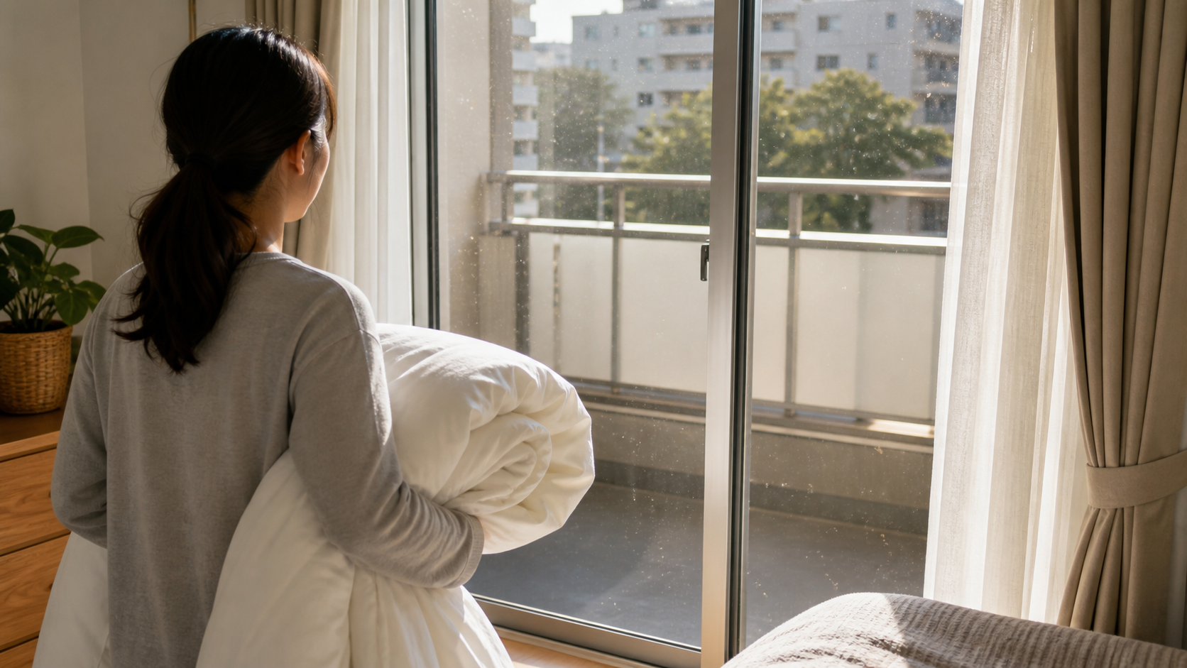 花粉シーズンに布団を外干しできず、室内で布団を抱える人