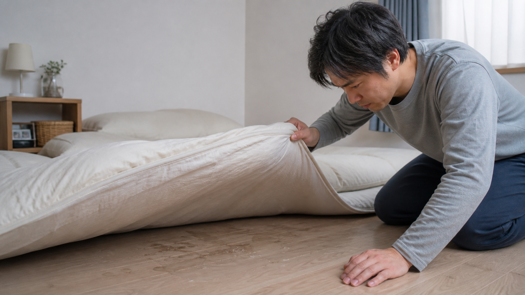 敷布団の裏側と床に残る湿気を確認する様子
