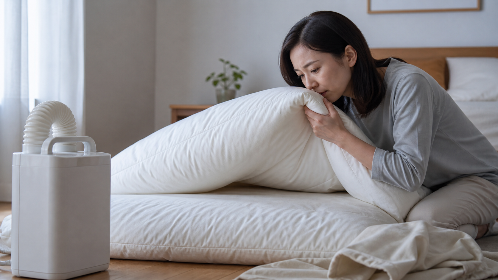 布団乾燥機を使った後も布団の臭いを確認する様子