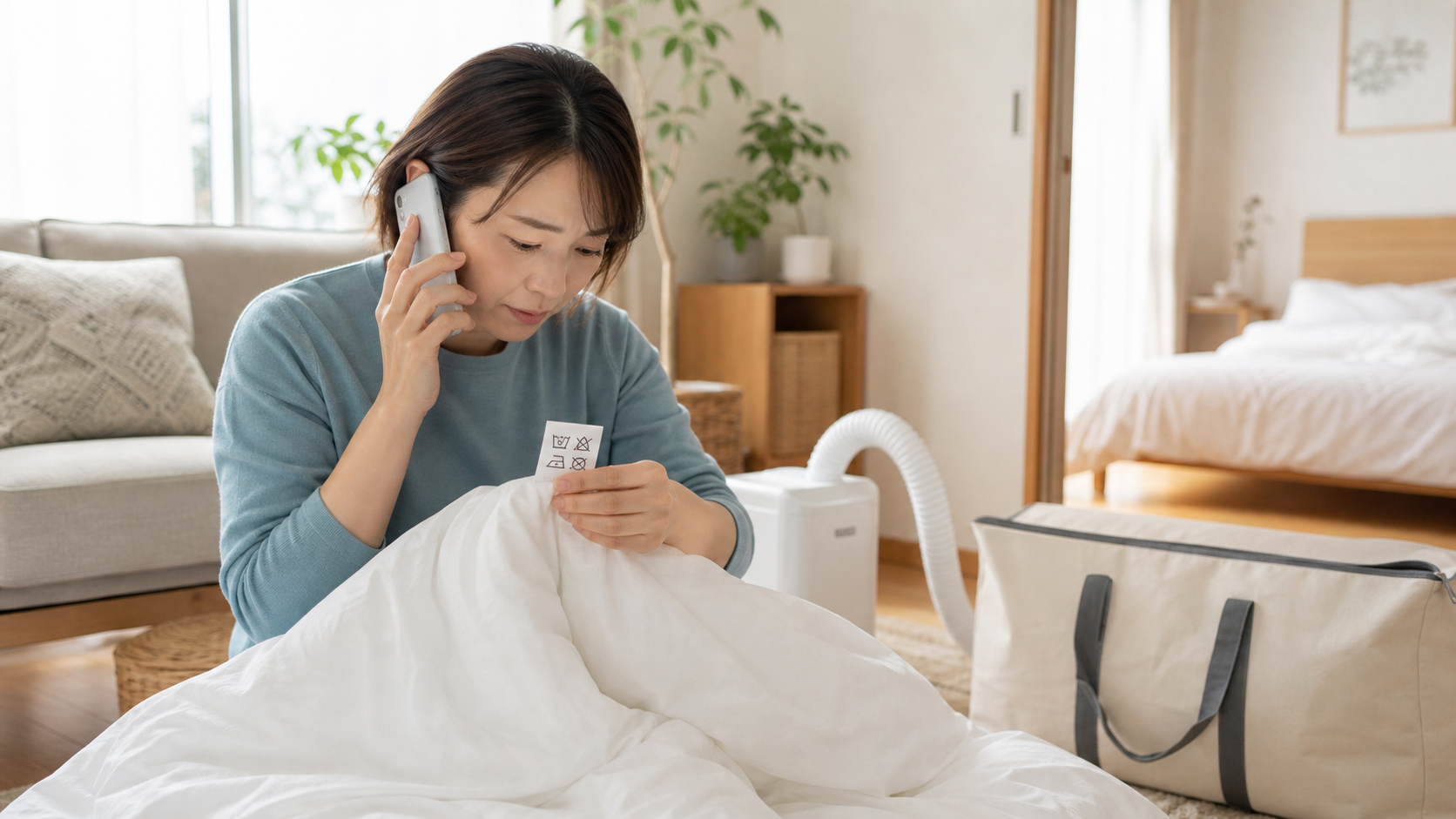 布団の洗濯表示を見ながら電話で相談する様子