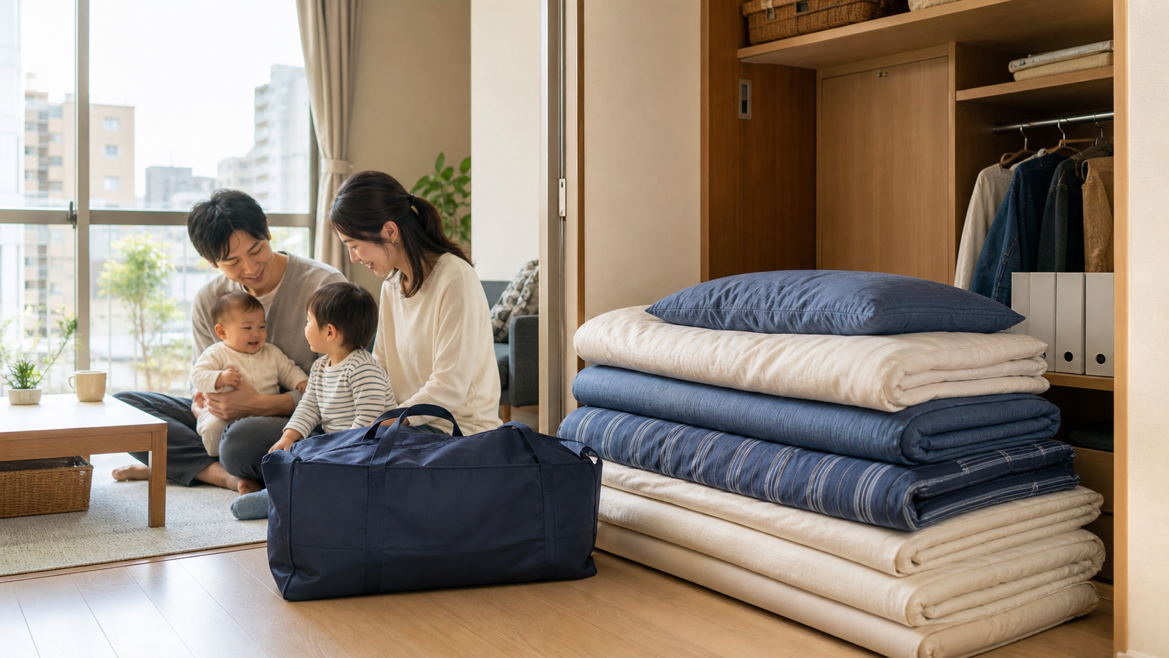 収納が限られた住まいで家族分の布団をまとめる子育て家庭