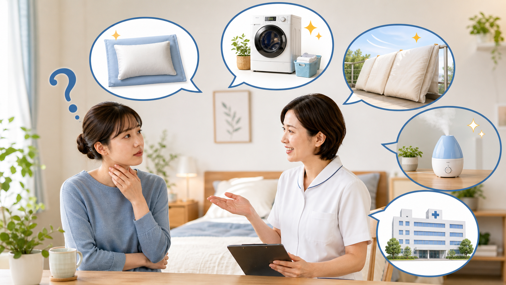 朝の喉の痛みと寝具対策について相談する様子