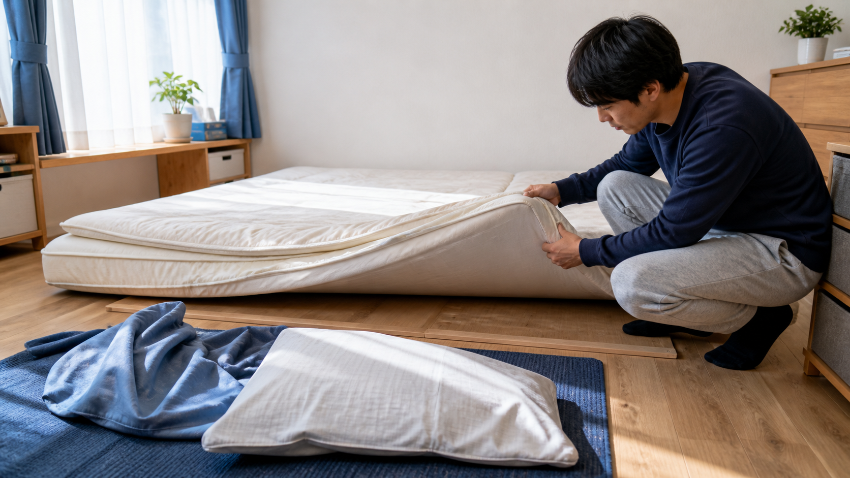 布団とマットレスの裏側を確認する人