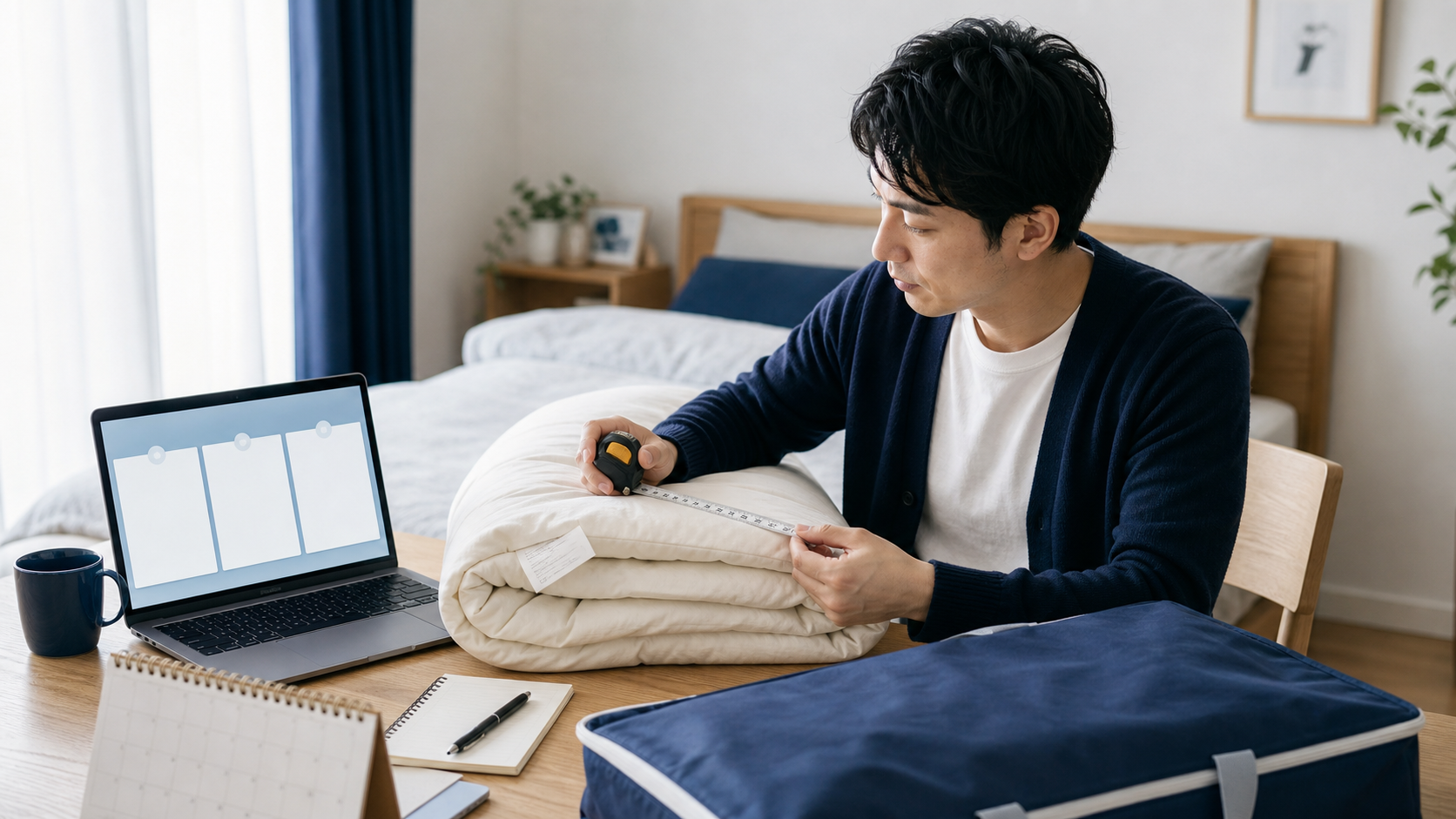 布団の素材と宅配クリーニングの条件を比較する在宅ワーカー