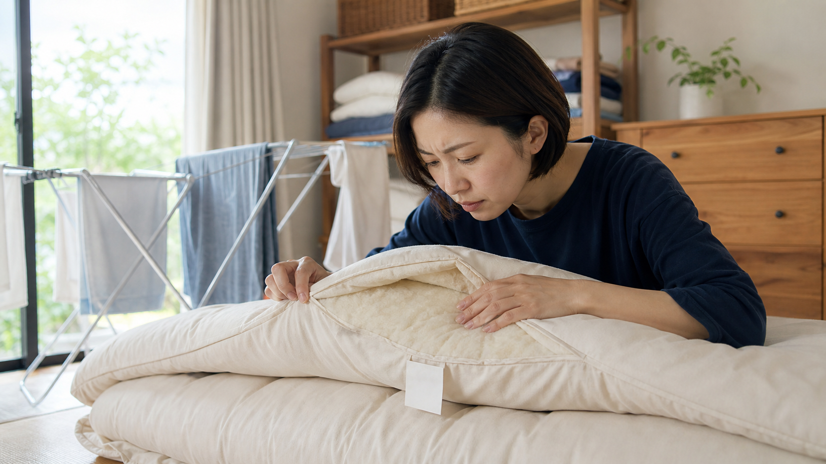 自宅で手入れしても残る布団の臭いを確認する人
