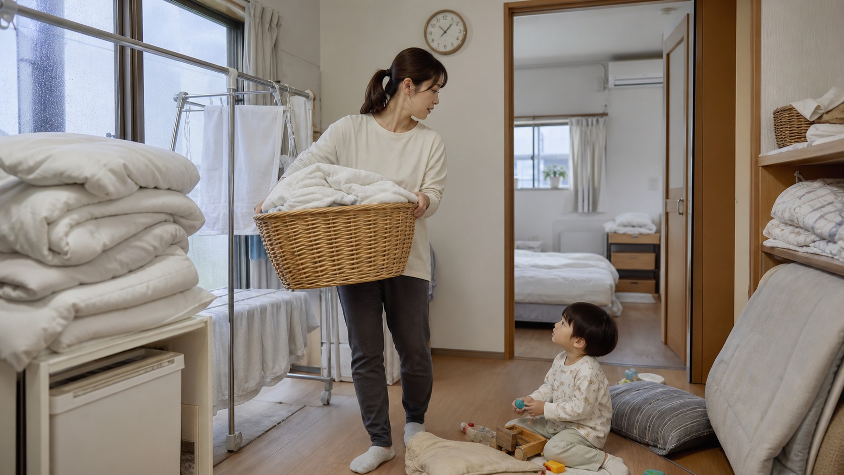子育てをしながら大量の寝具や洗濯物を手入れする様子