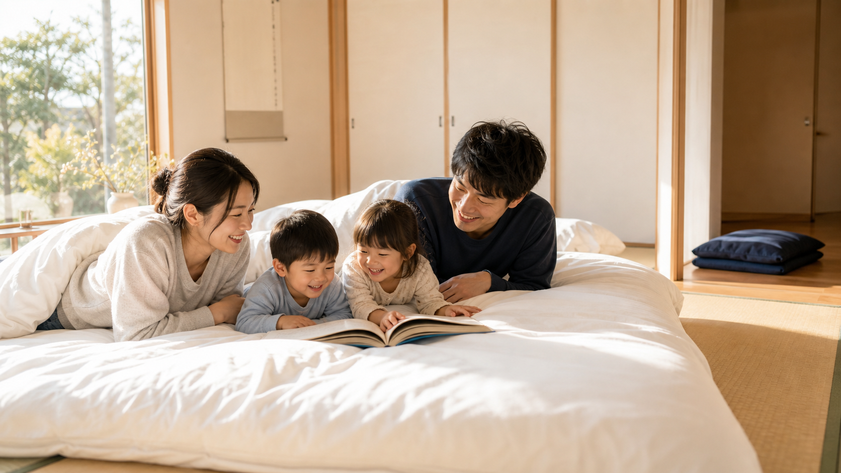 清潔でふっくらした布団の上でくつろぐ家族