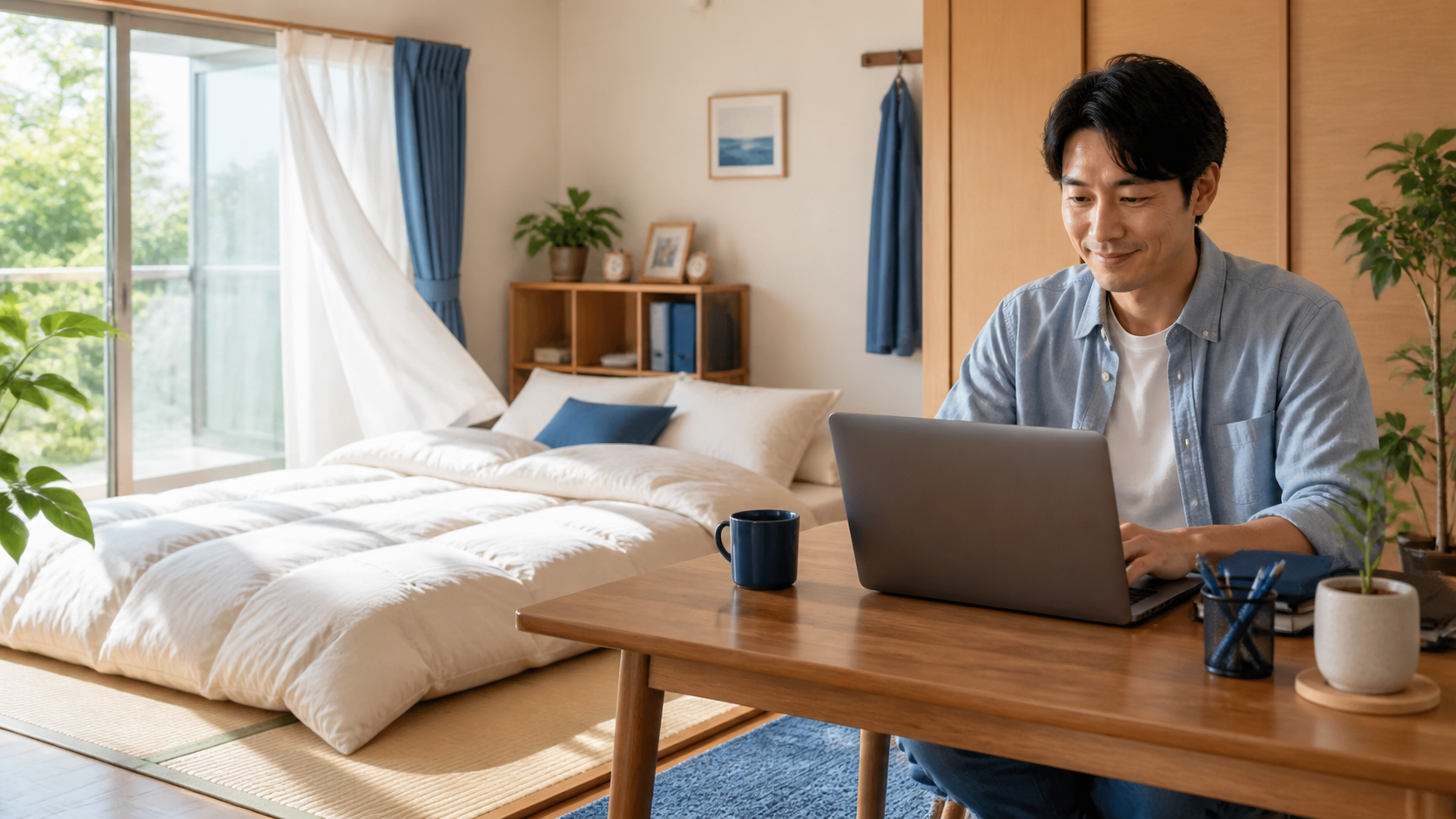 清潔な布団と整った仕事環境で過ごす在宅ワーカー