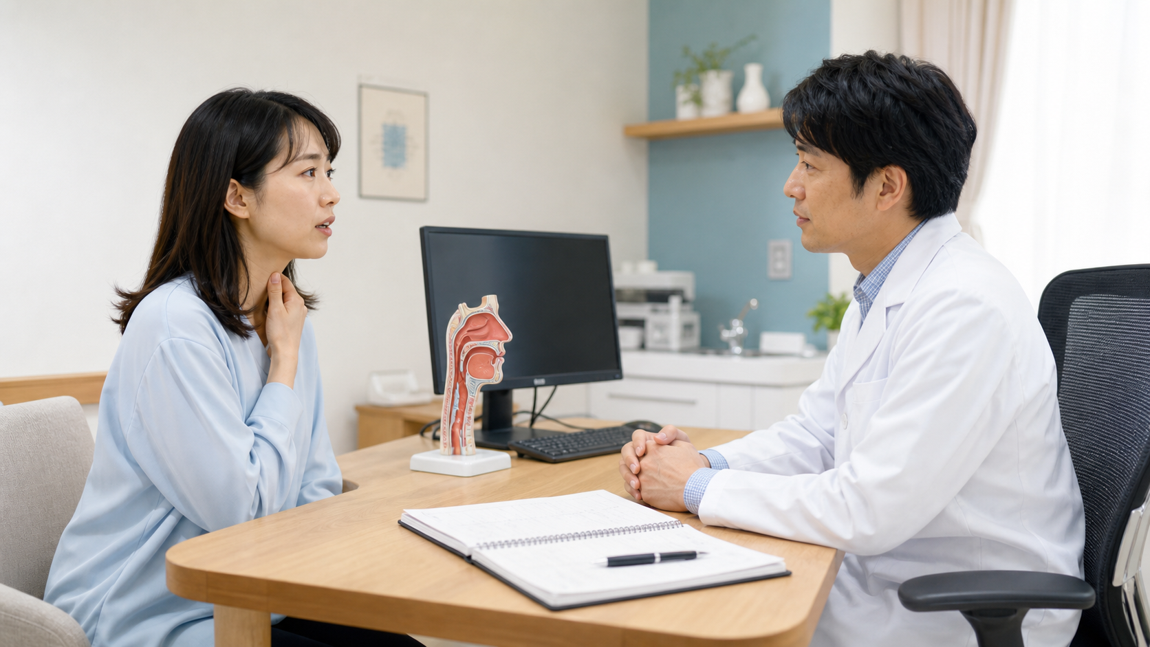 朝の喉の痛みについて耳鼻咽喉科の医師へ相談する様子