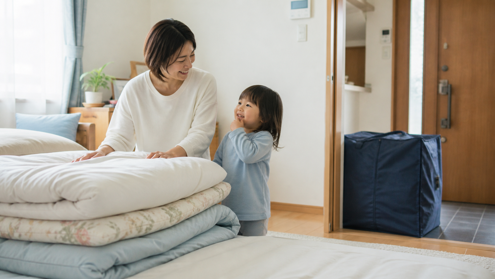 子どもと一緒に清潔な布団を整える家庭