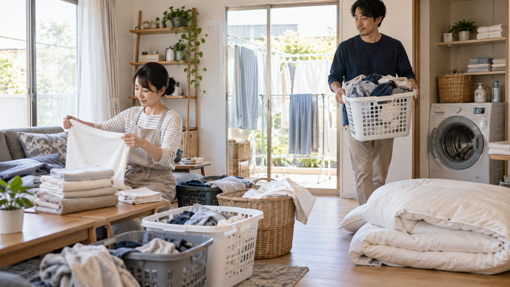 週末に大量の洗濯物を前に疲れる共働き夫婦