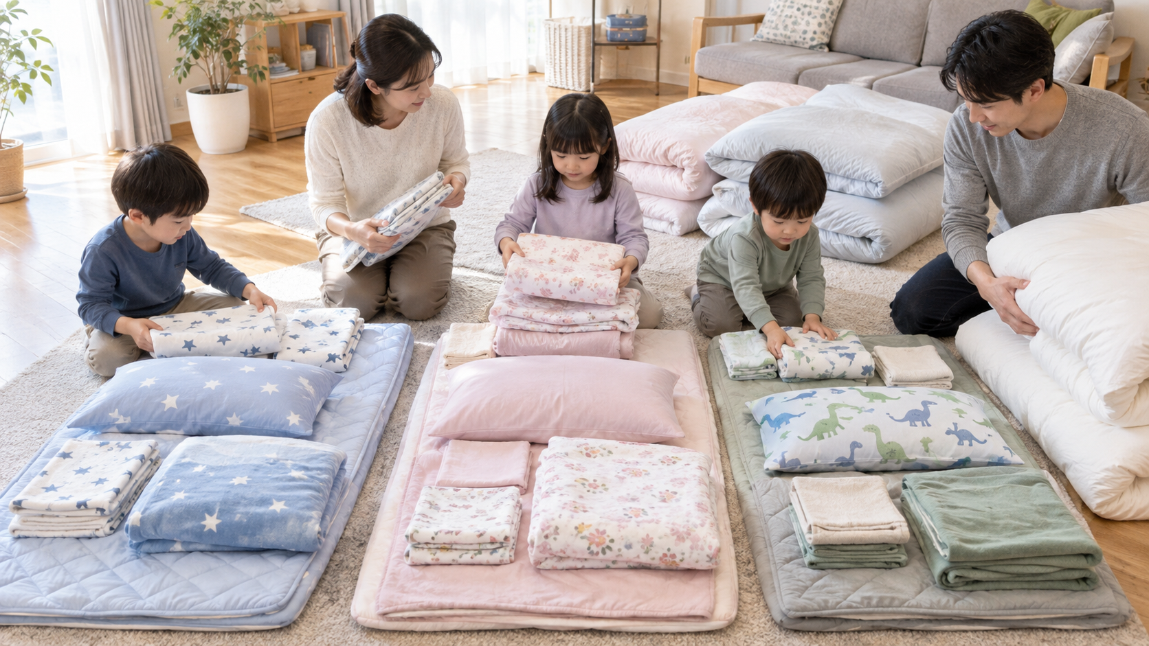 家族の寝具を種類別に並べて数える様子