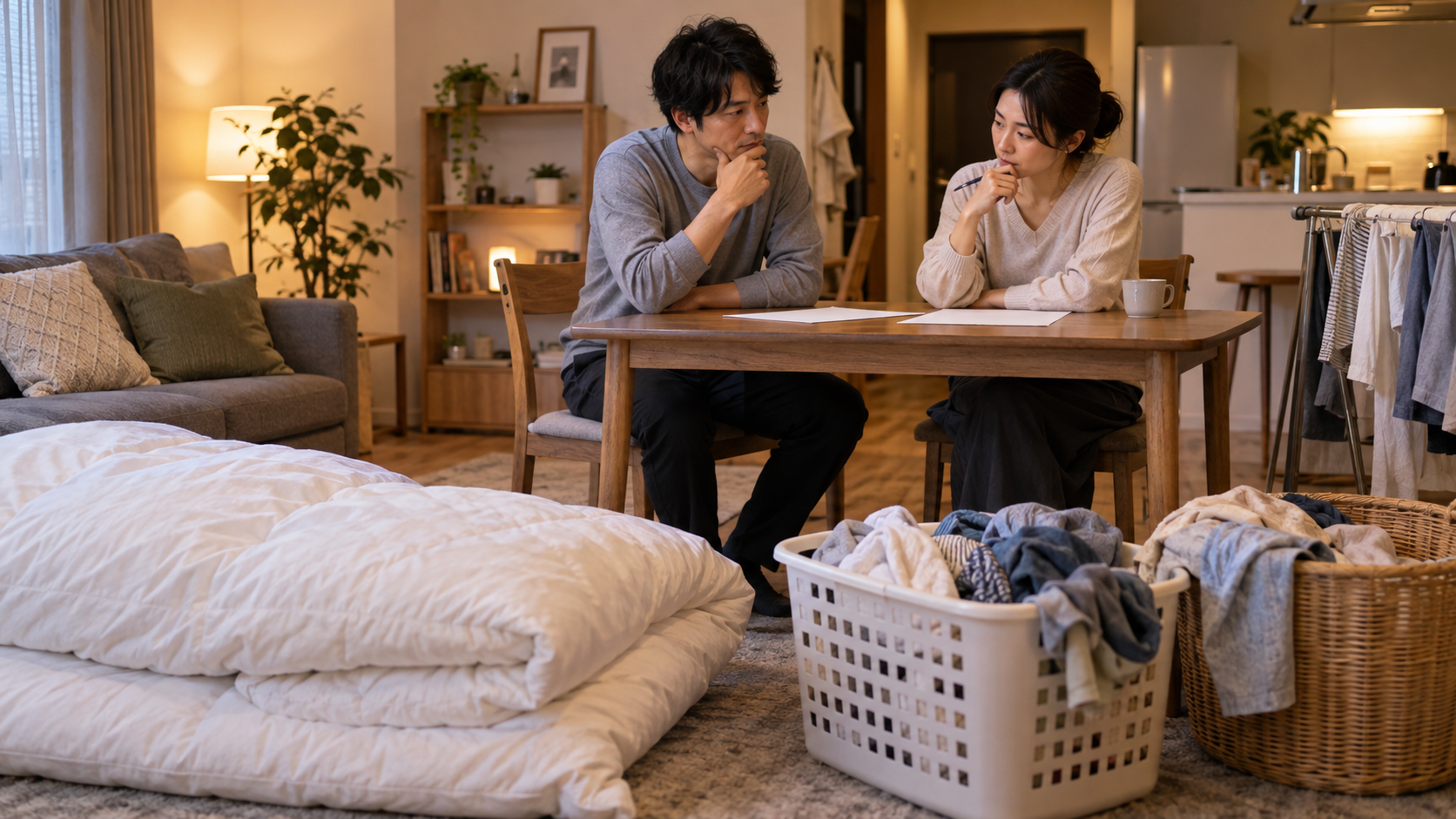 家事代行と洗濯外注について相談する夫婦