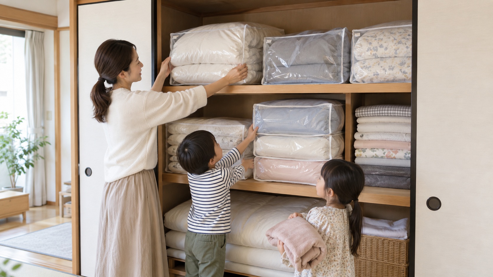 収納家具を増やさず寝具をすっきり収めた部屋