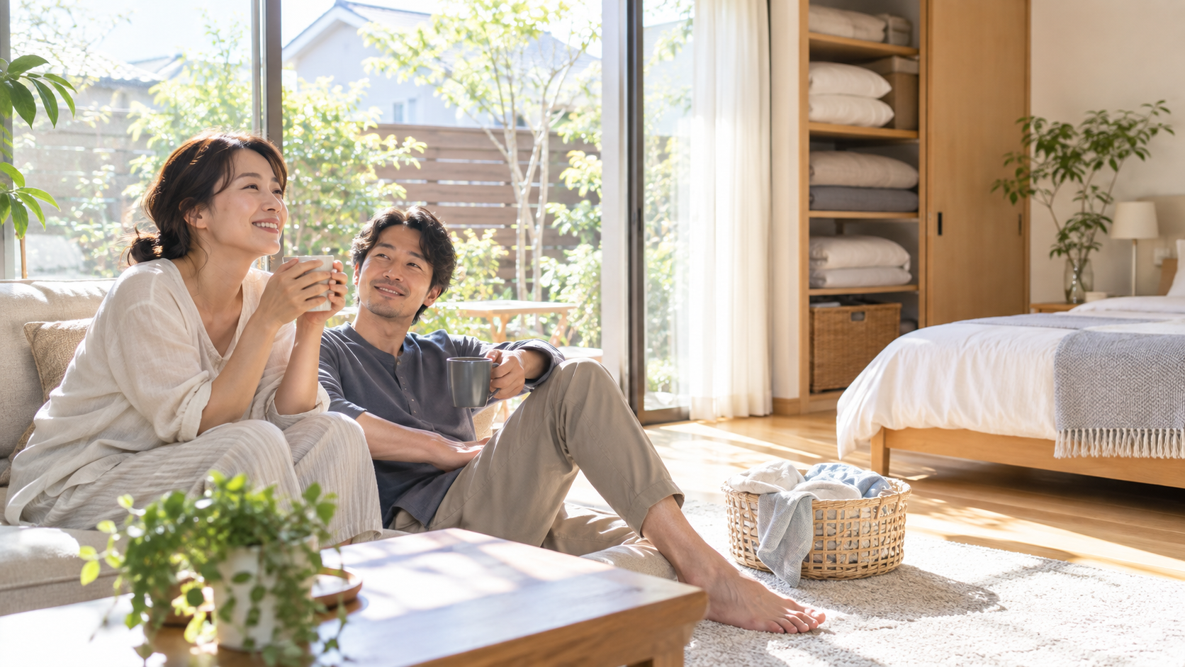 洗濯から解放され家族で週末を楽しむ様子