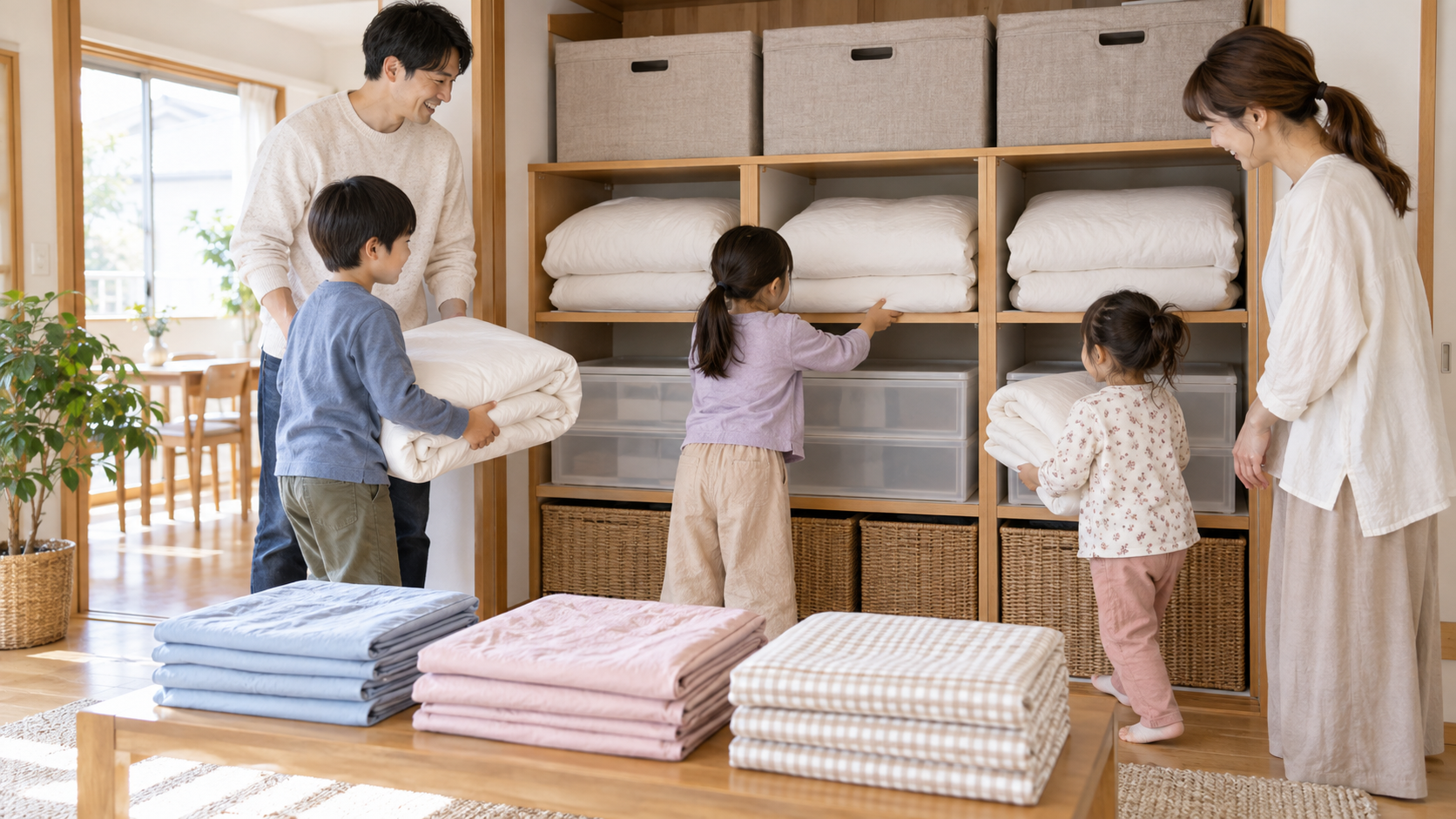 ラベルと収納場所を決めた家族の寝具管理