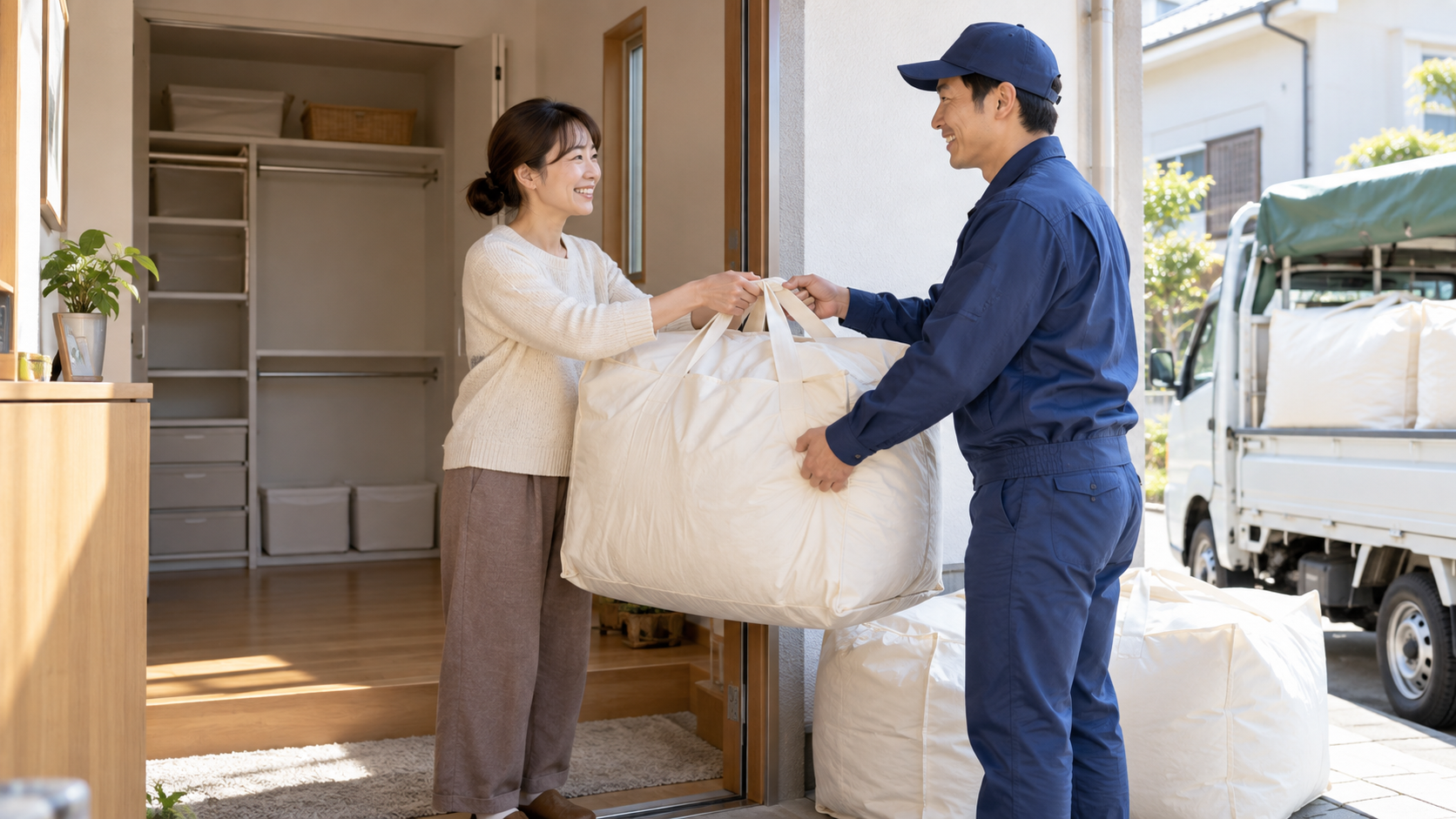 季節布団を集荷して外部保管へ出す家族