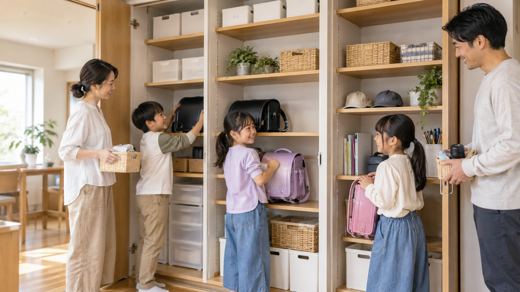 季節布団を減らして広くなった家で過ごす家族