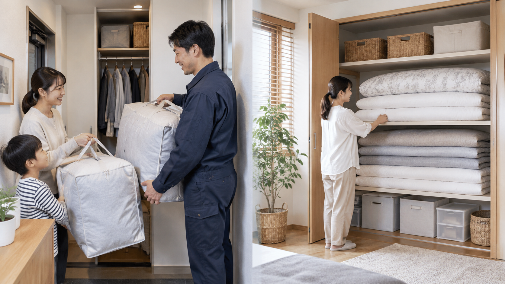 布団保管サービスが家庭に合うか検討する夫婦