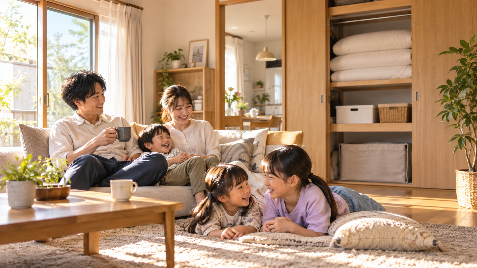 寝具を整理して家族が気持ちよく暮らす明るい部屋