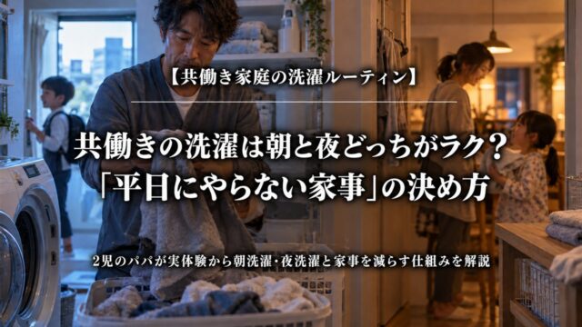 共働き家庭で朝と夜の洗濯を比較する2児のパパ