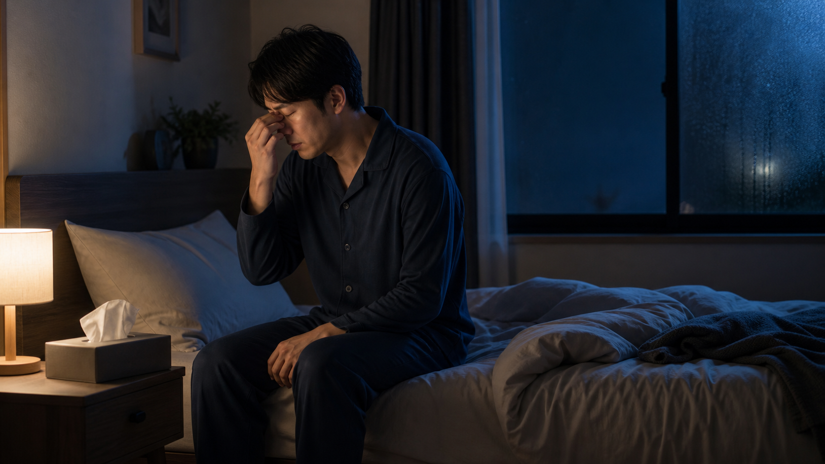 夜の寝室で鼻づまりが気になり眠れない人
