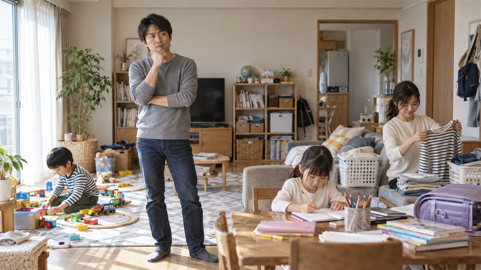 家族それぞれの持ち物が多いリビングで片付け方を考える父親