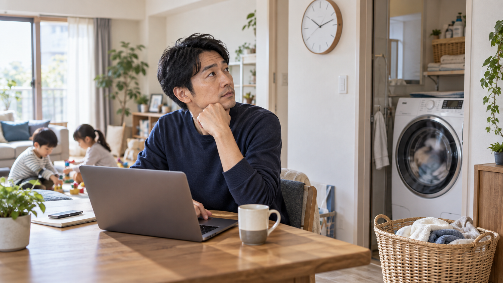 在宅ワーク中に洗濯機の終了時刻を気にする父親