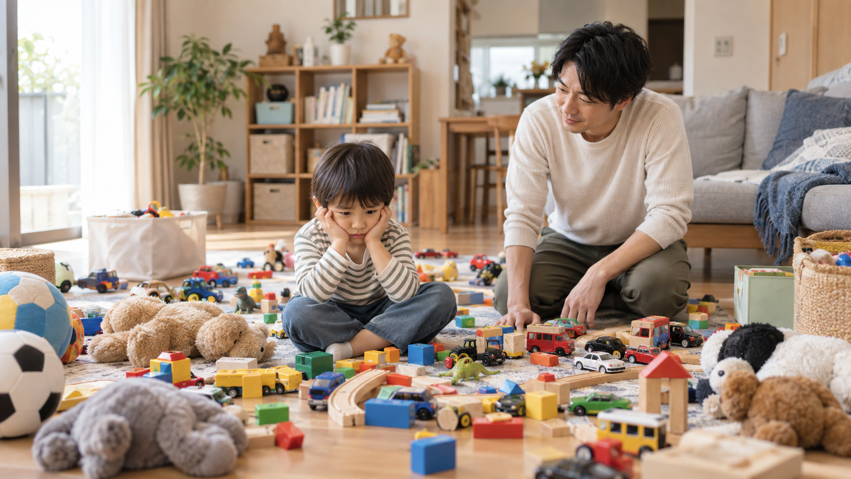 たくさんのおもちゃを前に片付け方が分からず困っている子どもと見守る父親