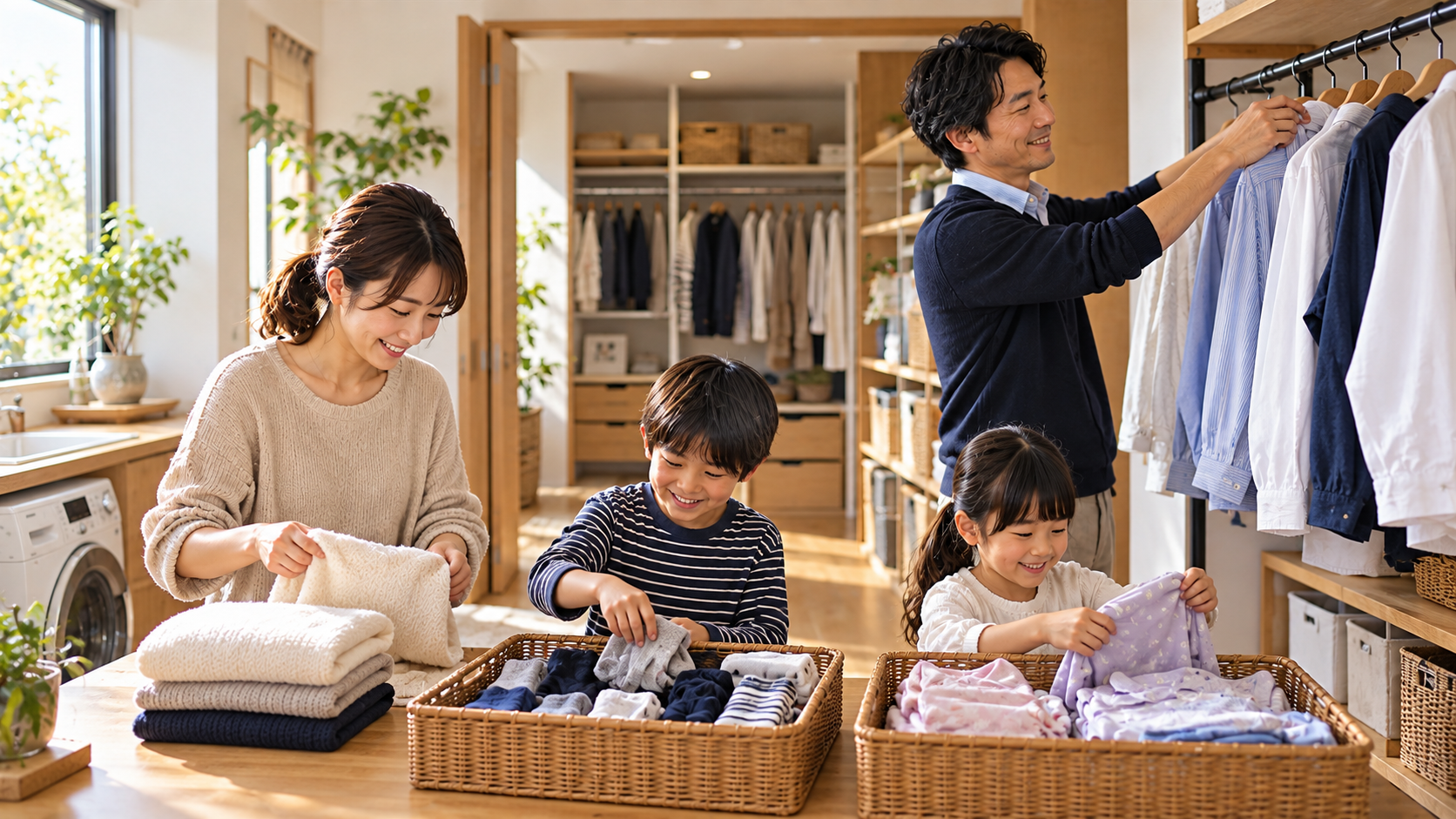 掛ける・入れる・たたむの3種類で洗濯物を分ける4人家族