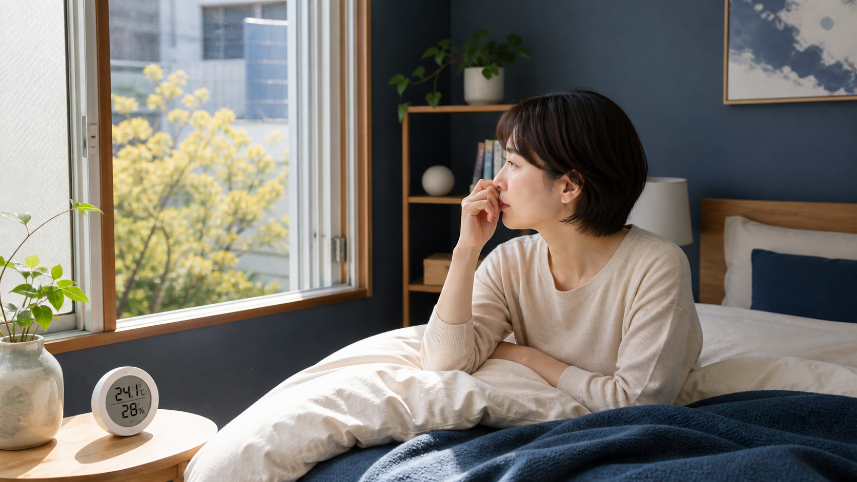 花粉や乾燥など鼻づまりの複数の要因を確認する人