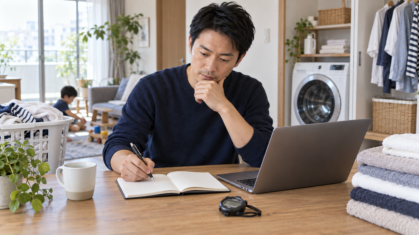 洗濯にかかった時間と中断回数を記録する父親
