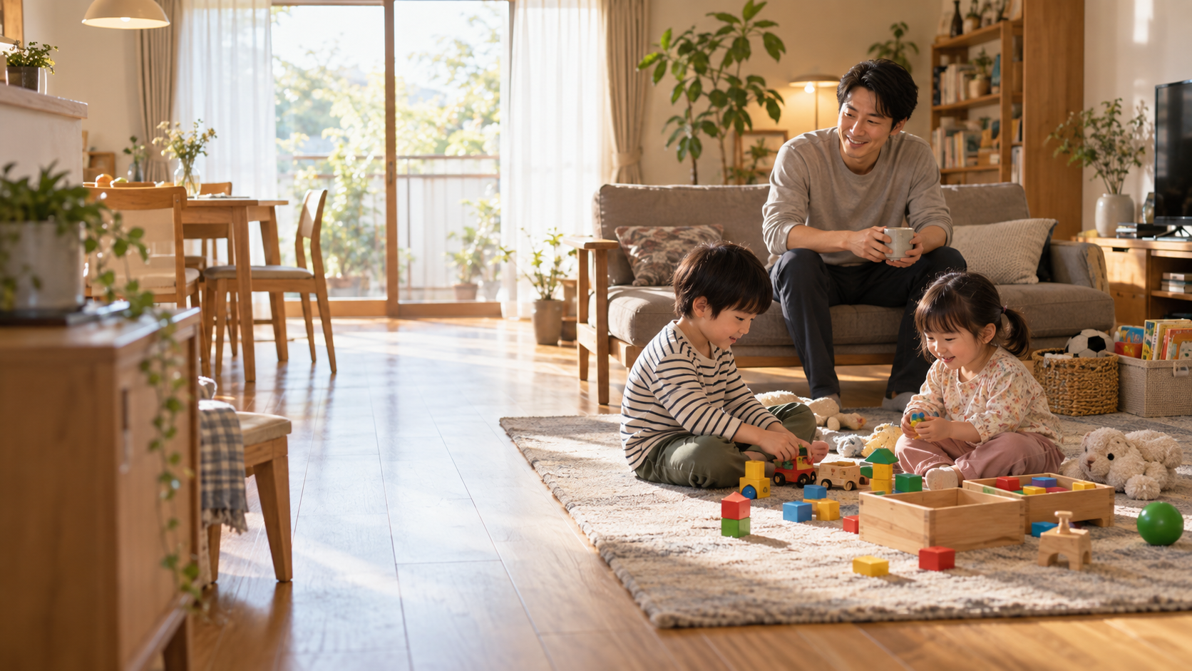 安全な通路を残しながら決めた場所で遊ぶ子どもたちと穏やかに見守る父親