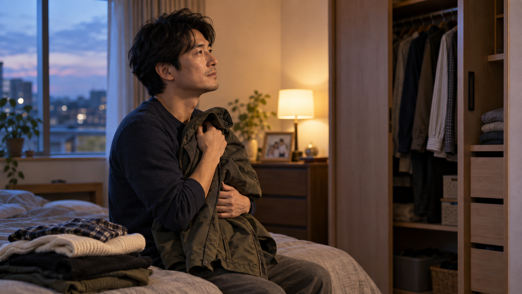 思い出の服を手に取り捨てられない理由を考える父親