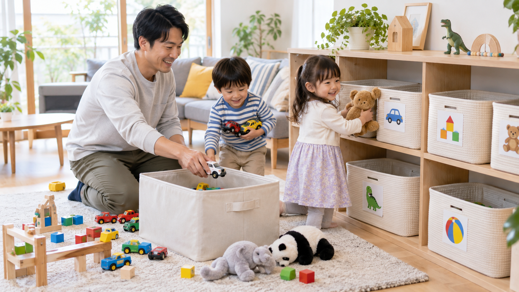 父親と2人の子どもが戻しやすい収納へおもちゃを片付けている様子