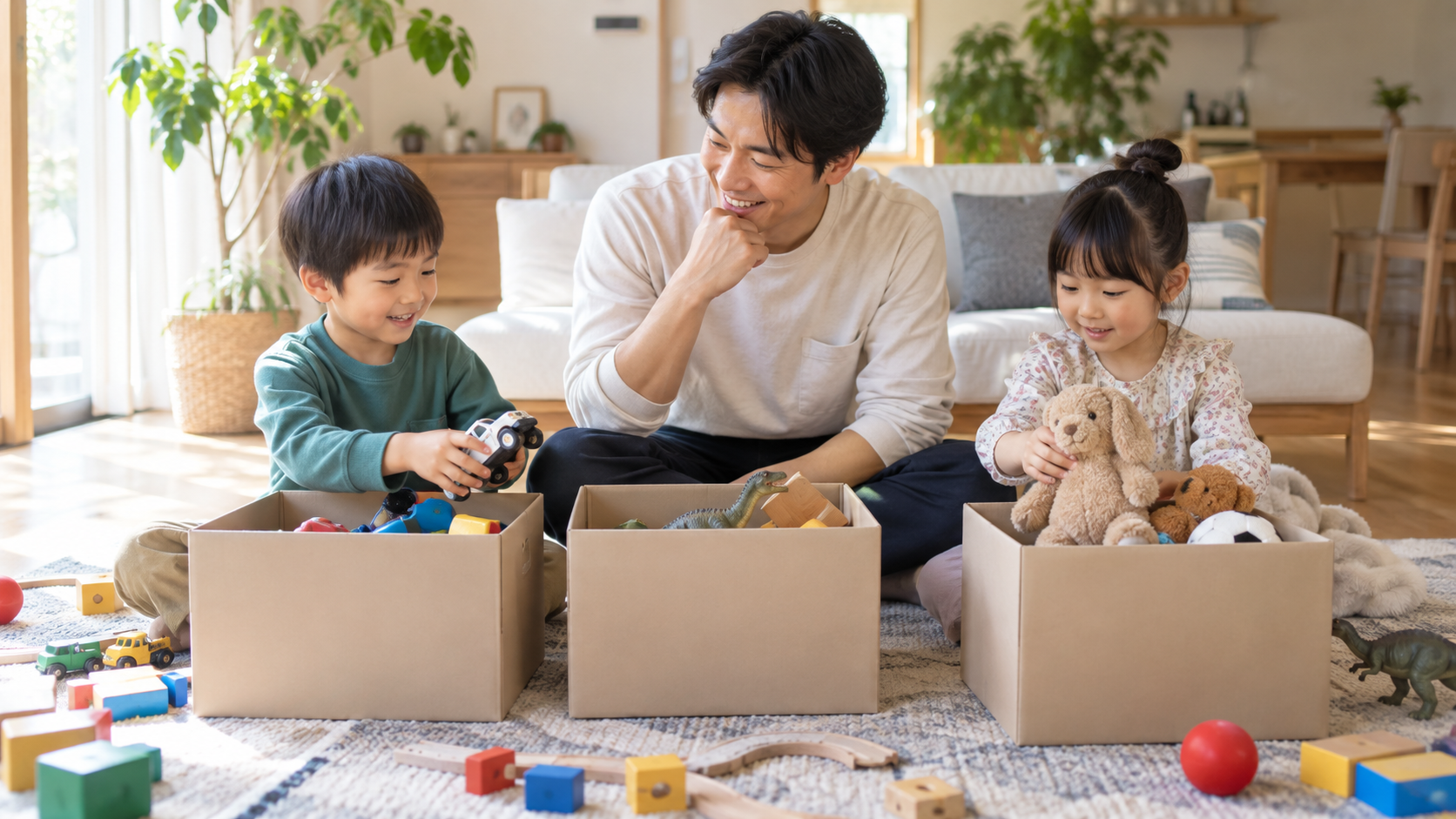 父親と2人の子どもがおもちゃを3つの箱に分けている様子