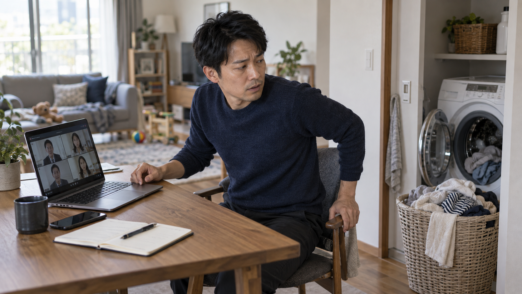 オンライン会議中に洗濯で仕事を中断される父親