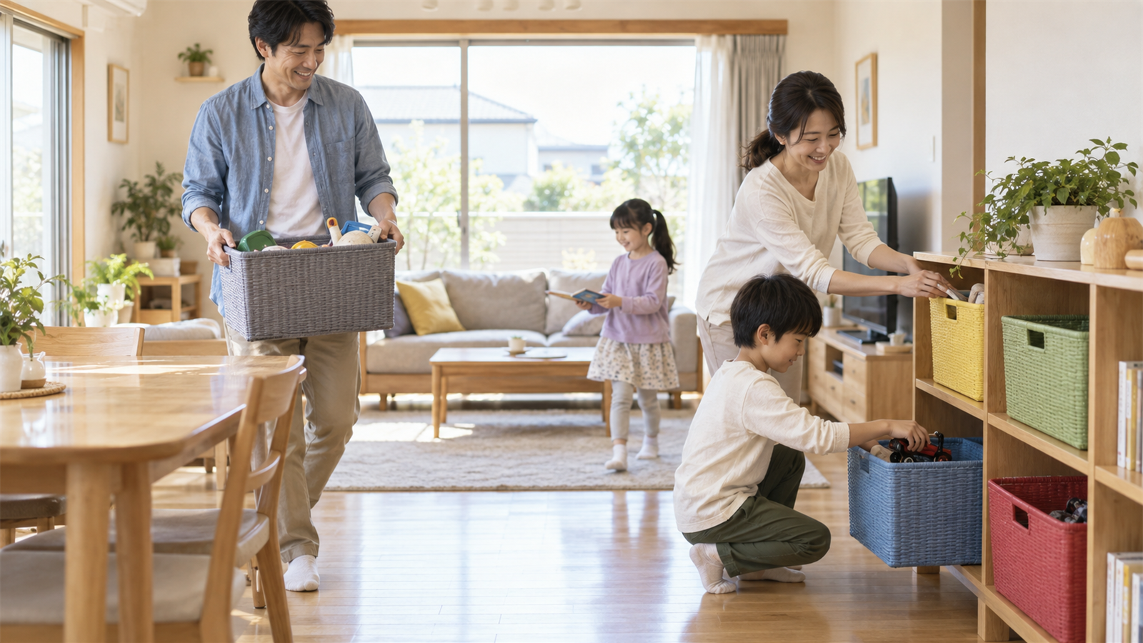 家族4人が収納かごへ持ち物を戻している様子