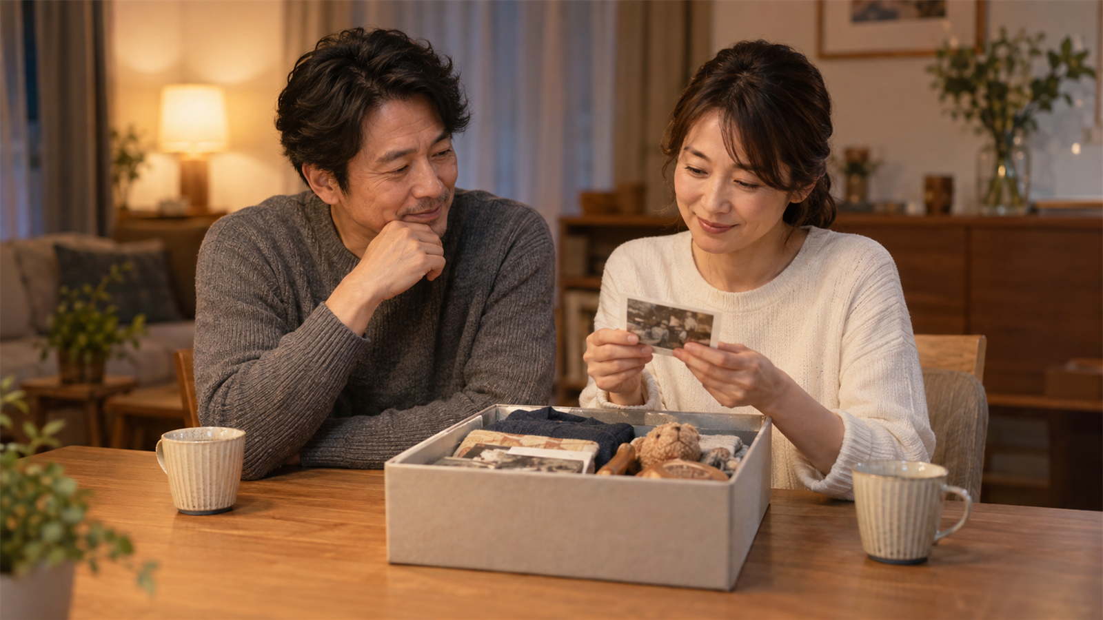 思い出の品を前に捨てるか残すかを穏やかに話し合う夫婦