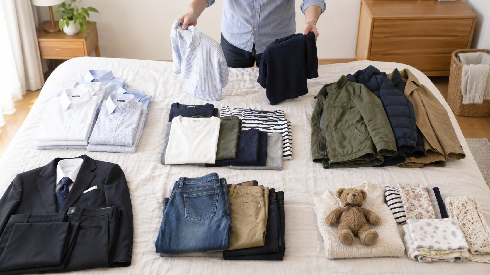 服の種類別に捨てるか残すかを整理する様子