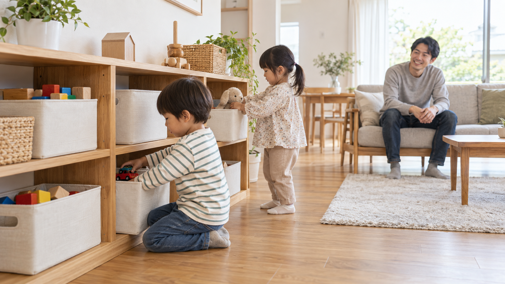 子どもが自分で戻しやすい高さに整えたおもちゃ収納