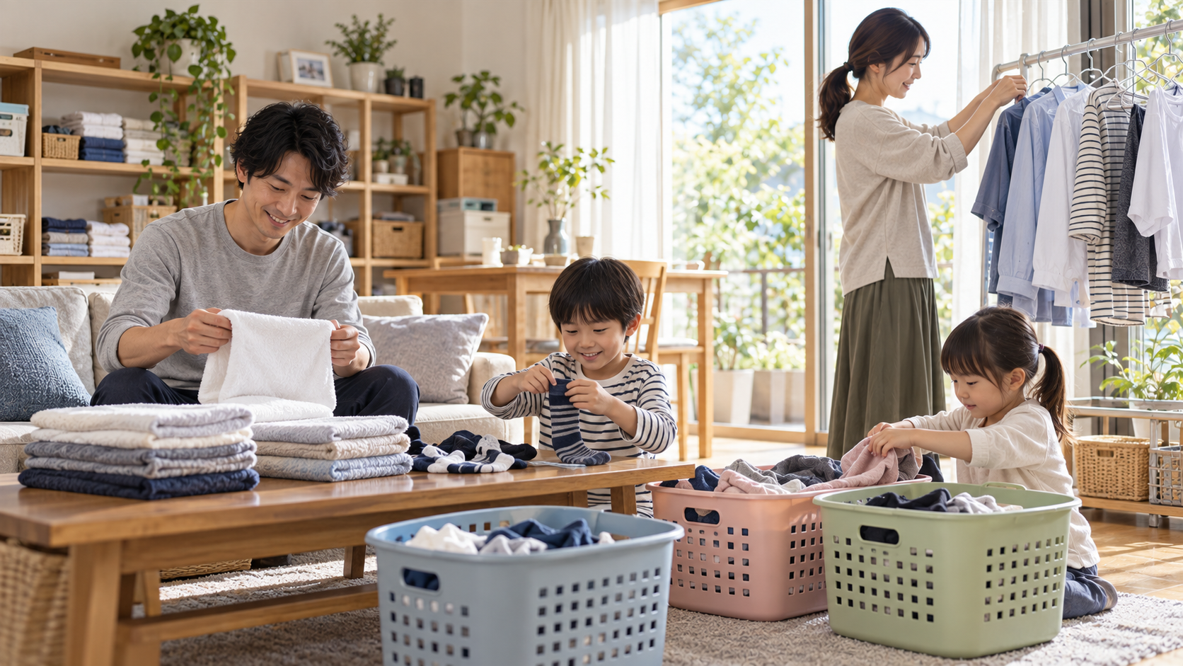 洗濯を家族で無理なく分担する様子