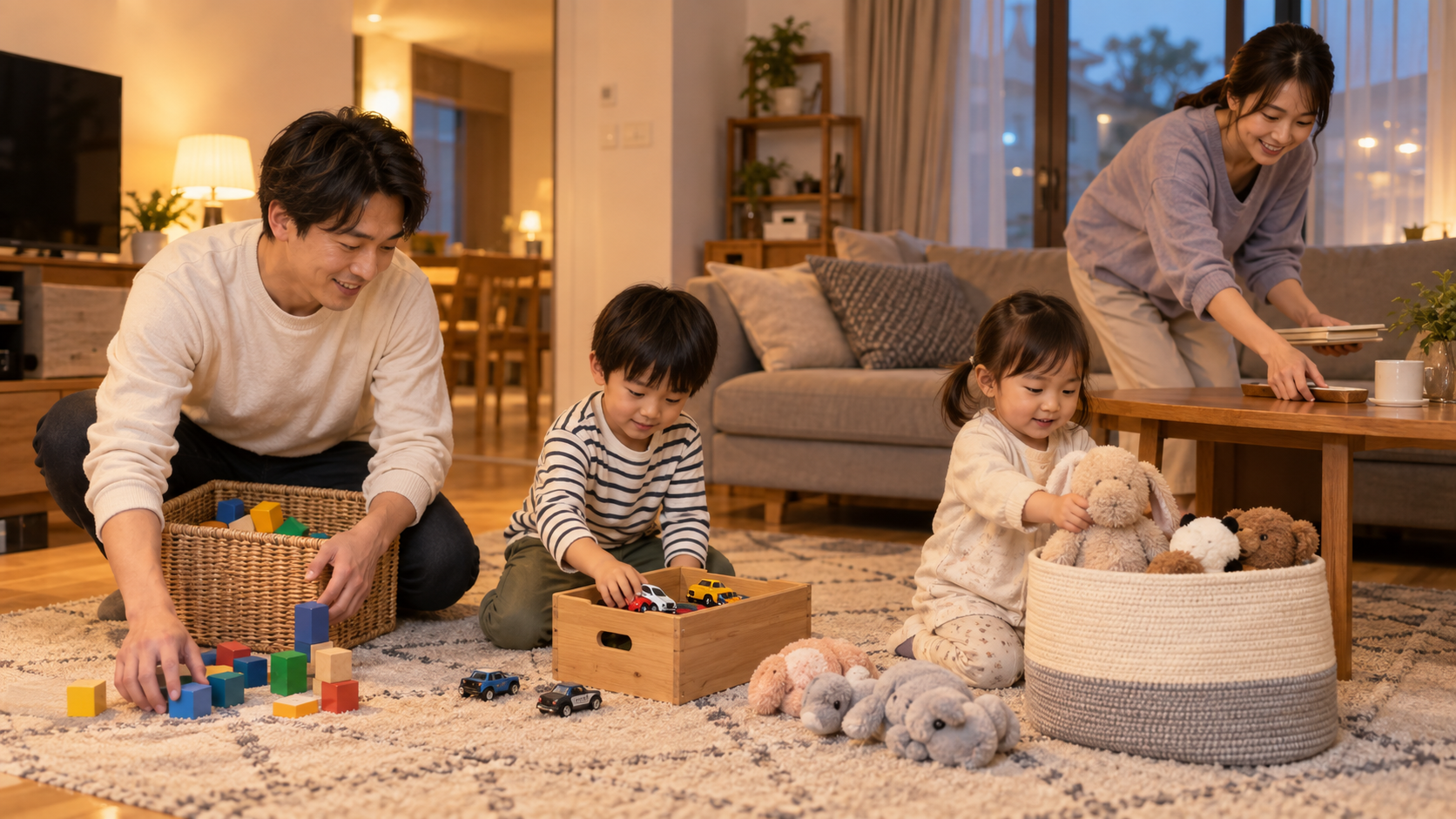 家族4人がそれぞれ簡単な役割を担当して短時間で片付けている様子