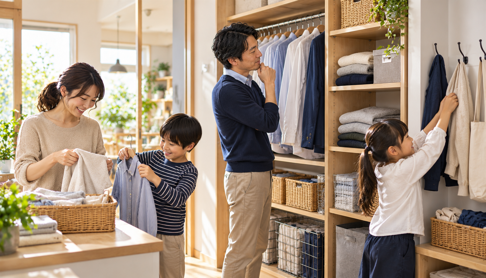 服の種類に合わせてハンガーと収納かごを使い分ける家族