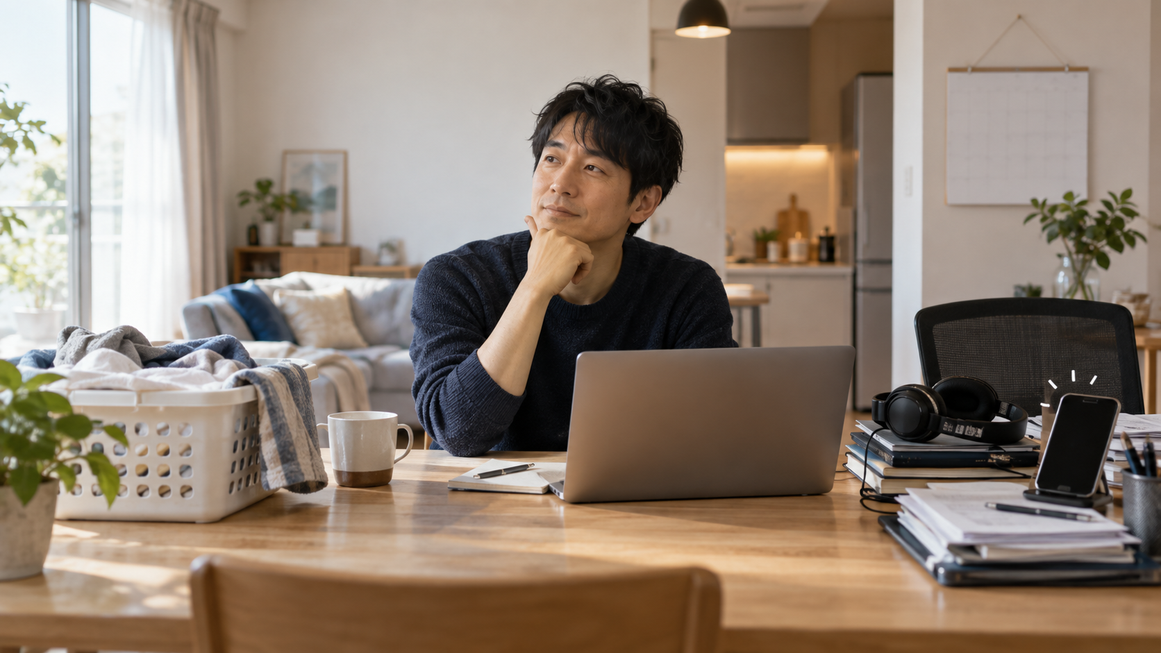 仕事の予定を見ながら洗濯する日を考える父親