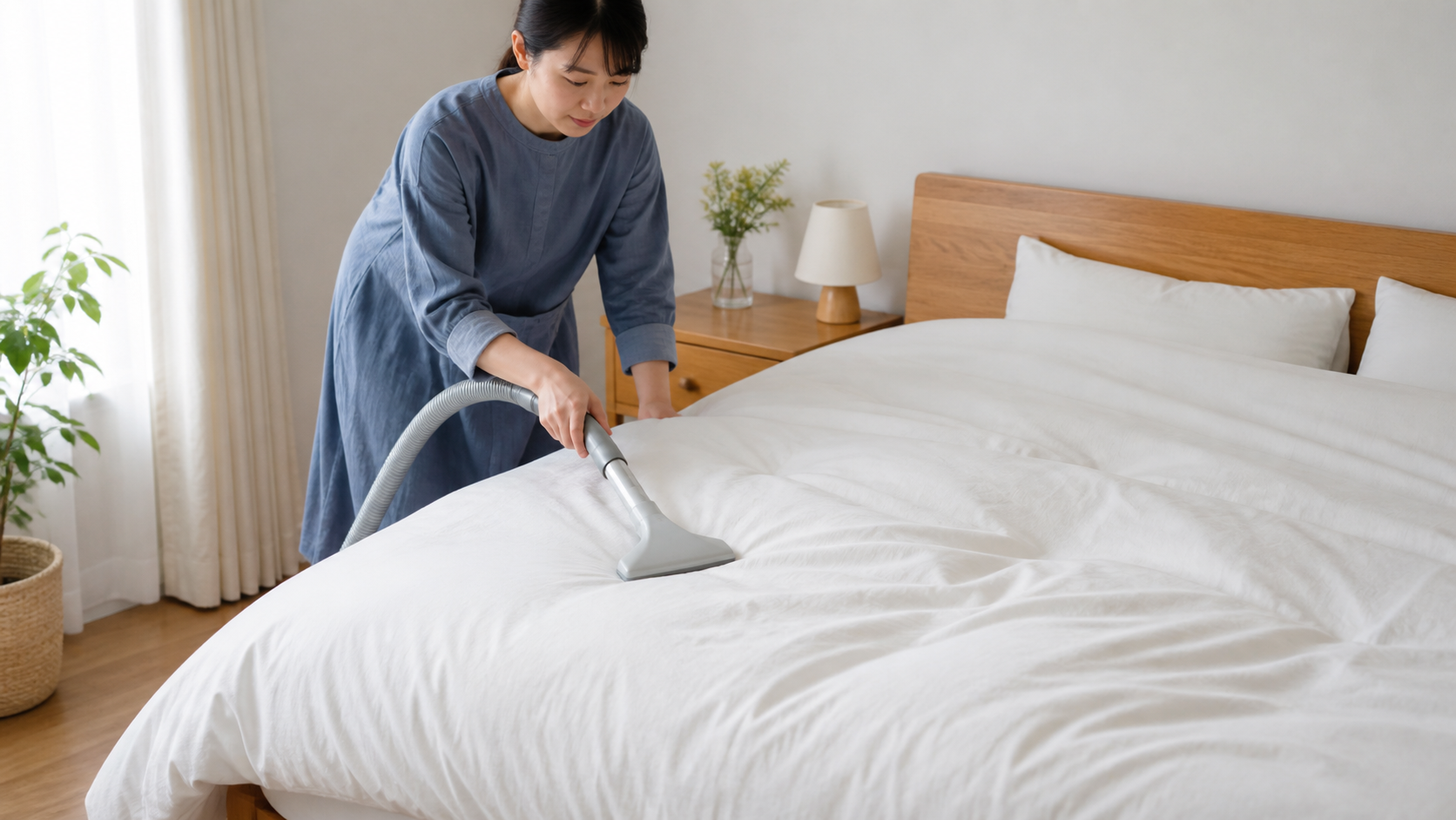布団の表面に掃除機をかける様子