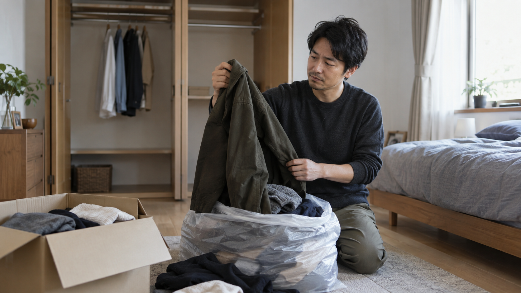 服を捨てすぎた片付けの失敗を振り返る父親