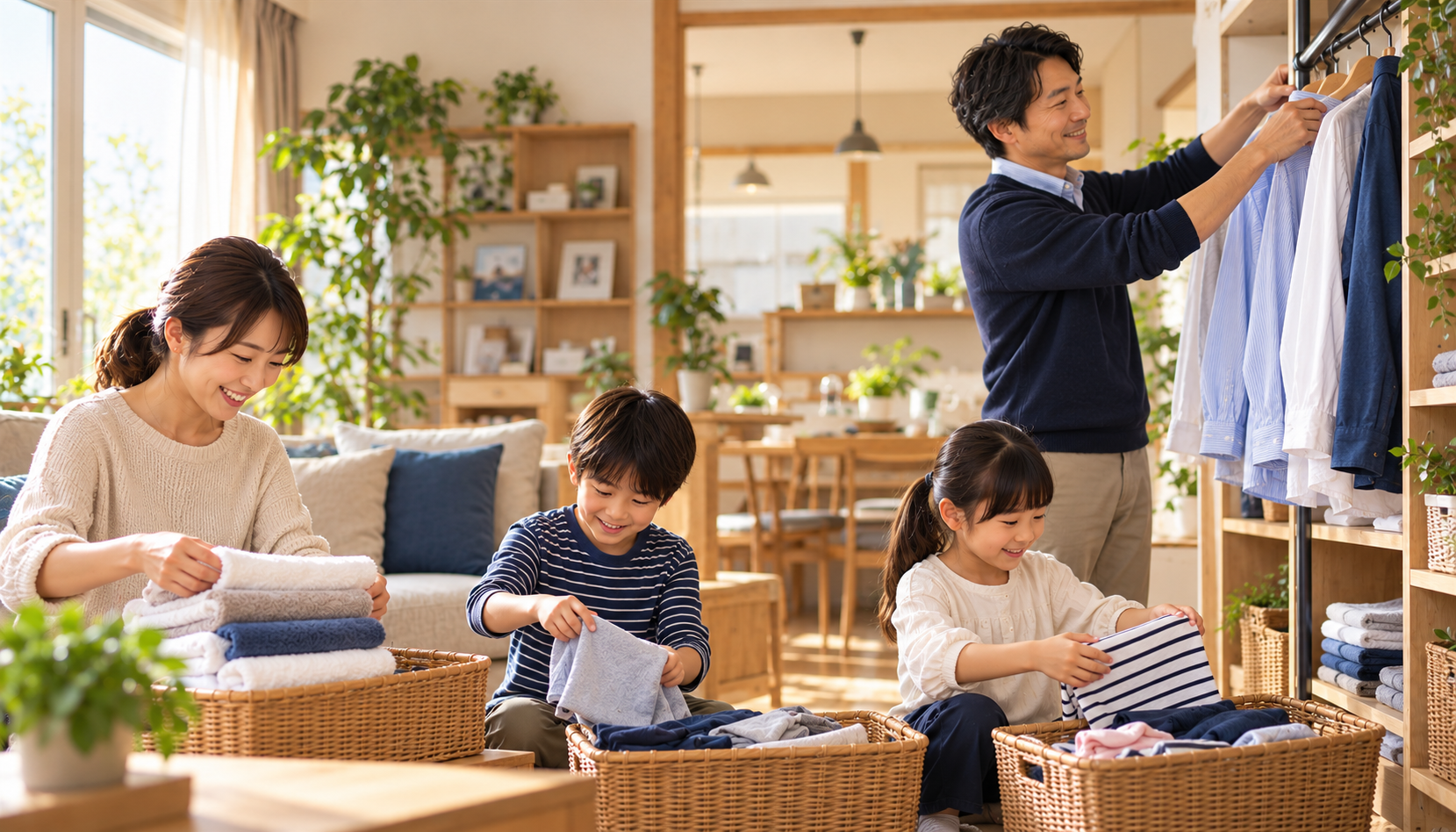 洗濯物を自分の収納へ戻す家族4人の習慣