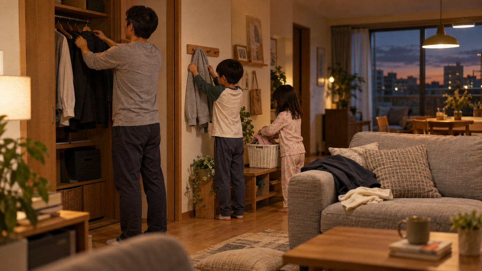 2児のパパと子どもが一度着た服を片づける様子