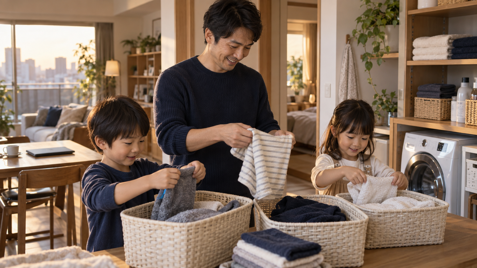 子どもと一緒に洗濯物を家族別のかごへ分ける父親